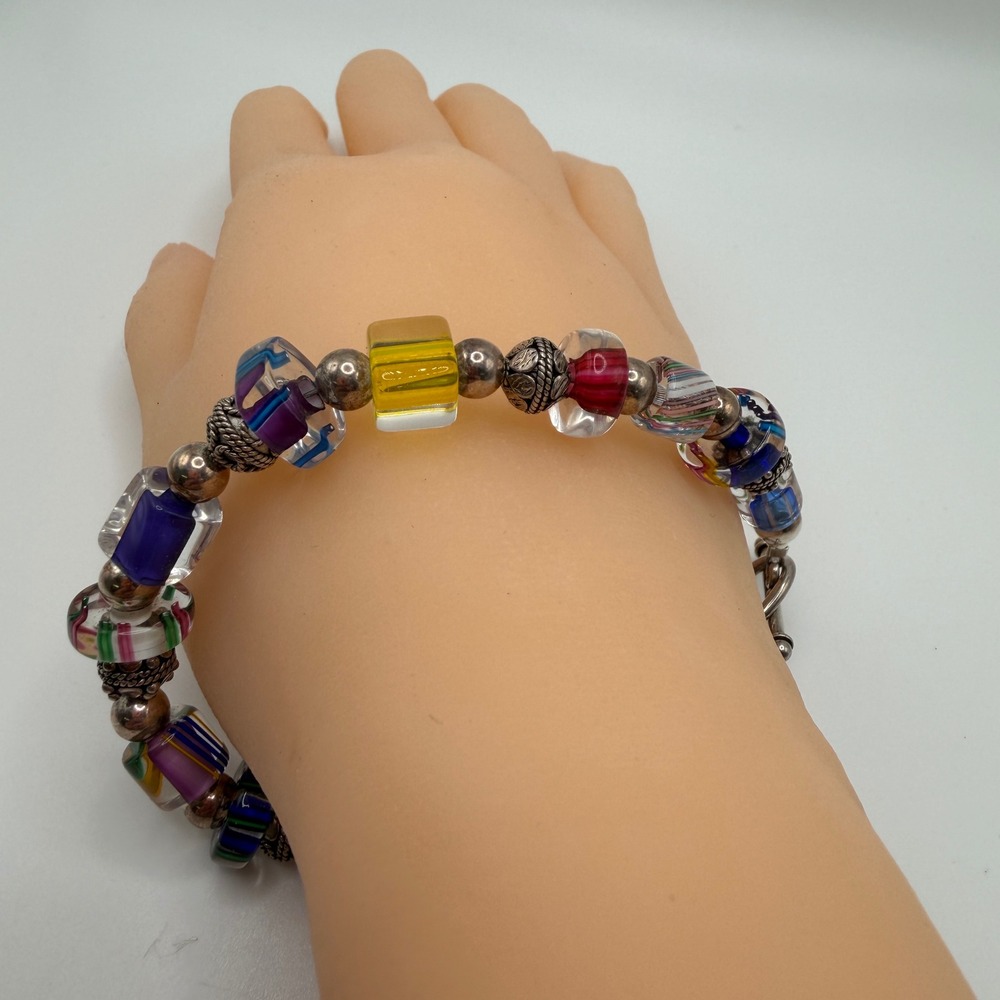 Art Murano Glass Lampwork Bead Bracelet Multicolor Striped Toggle‎ Clasp 8"